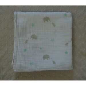 Bear Hugs Elephants Stars Baby Blanket Swaddle White Green Gray Muslin Cotton